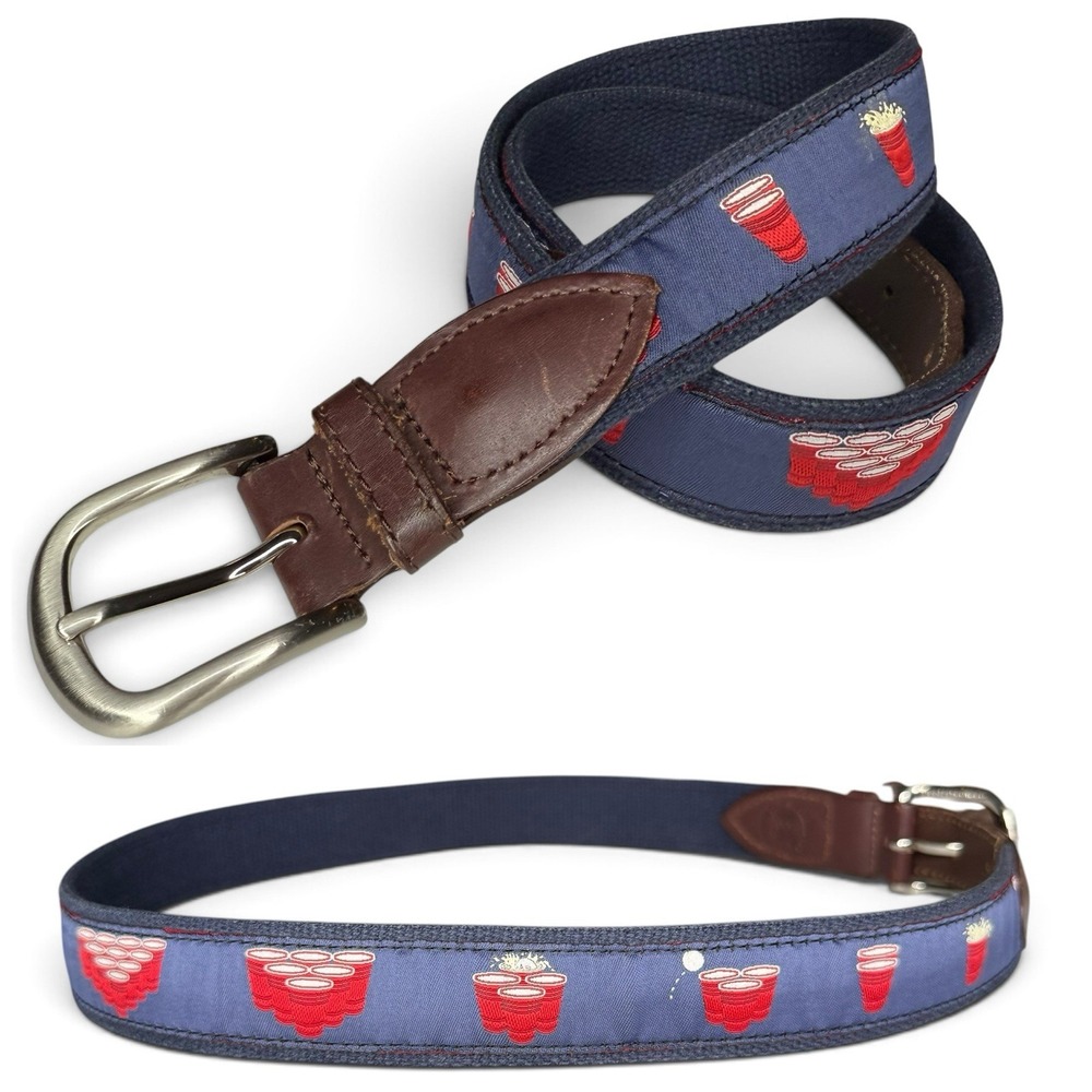 The Belted Cow Beer Pong Belt Men's 34 Leather & Canvas Preppy College Red Cup